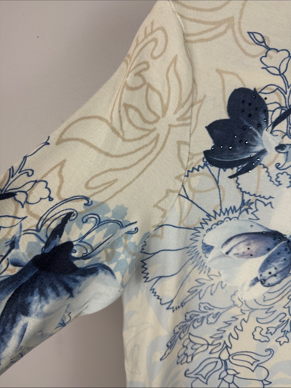 Olsen Europe Cotton Blue Floral Watercolor Embellished 3/4 Sleeve Top Size M 10 - Picture 4 of 13